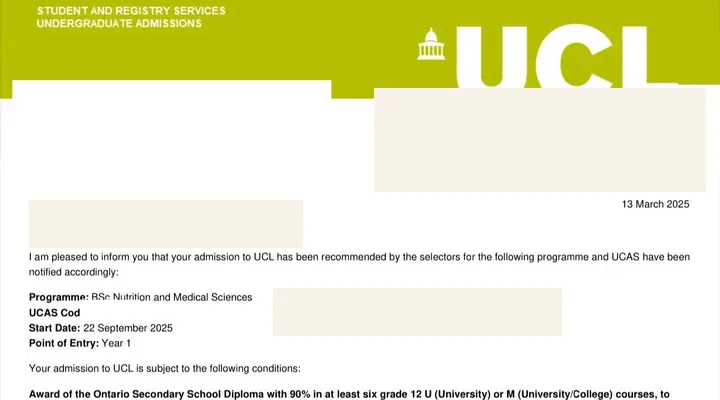 UCL · 伦敦大学学院 · BSc Nutrition and Medical Sciences